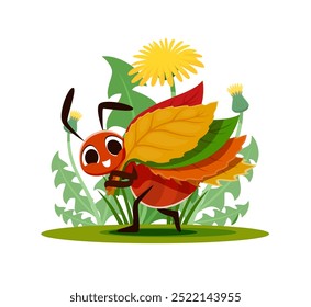 Cartoon ant pegar folhas carregando até formigueiro para casa, vetor personagem de inseto engraçado. Feliz formiga sorridente carregando outono folha cacho, andando entre flores de campo para ilustração de história de desenhos animados infantis