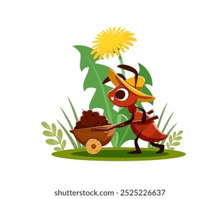 Cartoon formiga empurrando carrinho de mão com solo no prado, vetor personagem engraçado. Trabalhador de formiga ou jardineiro agricultor no verão chapéu carregando terra terra solo em carrinho de carrinho de mão para a construção de formigueiro para a história de crianças