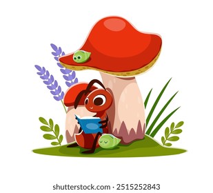 Cartoon ant reading a book on the lawn with mushrooms. Charming vector summertime scene with a cute ant immersed in a fantasy story sitting under the large amanita fungus with a funny aphid pet nearby