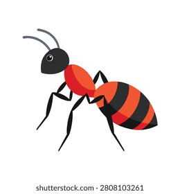 Cartoon ant with red and black striped abdomen on a white background