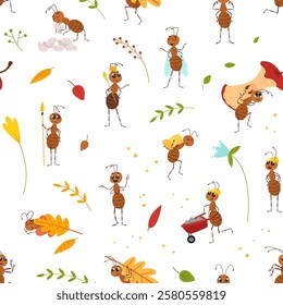 Cartoon ant seamless pattern. Cute ants various activities, isolated forest and garden insects characters. Print design for fabric or wrapping, classy vector background