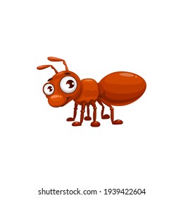 Cartoon ant vector icon, funny emmet insect with cute face and big eyes. Pismire mascot for kids club, design element, wild creature, pest coontrol isolated on white background