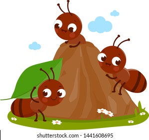 Cartoon ant workers in an ant hill carrying food into their nest. Vector illustration.
