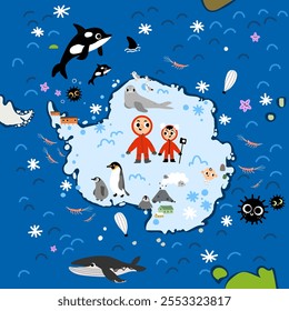 Cartoon Antarctic South Pole ice continent map poster hand drawn cute kid childish toddler illustration. Penguins. ocean, whale, starfish wild animals