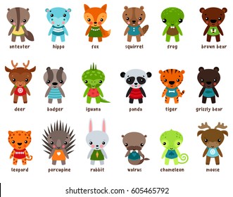 Cartoon anteater and hippo or hippopotamus, fox and squirrel, frog or toad, grizzly bear, deer or reindeer, badger and iguana, panda and tiger, leopard and porcupine, rabbit and walrus. Animal theme