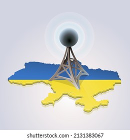 A cartoon antenna emits waves in the middle of a map of Ukraine in the colors of the Ukrainian flag