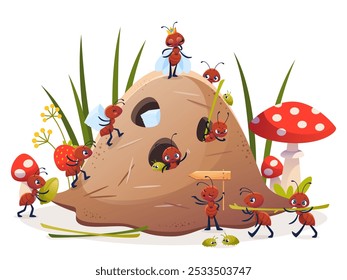 Cartoon anthill with funny ants. Tiny insects home in forest, cute characters perform different actions, carry food into burrows, adorable comic creatures, funny childish vector concept