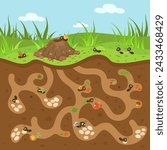 Cartoon anthill illustration. Cute tiny ants working and moving. Forest or garden wildlife, underground passages and hill. Nowaday vector nature scene