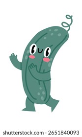 Cartoon anthropomorphic cucumber walking happily and waving with arms and legs, funny smiling pickle character isolated on white background