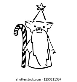 cartoon anthropomorphic pigglet wizard with long beard