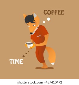 Cartoon anthropomorphic young fox man  with cup of hot drink vector illustration