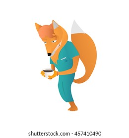 Cartoon anthropomorphic young fox man  with cup of hot drink vector illustration