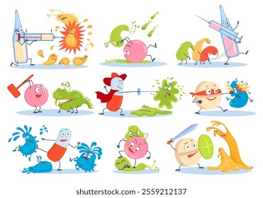 Cartoon antibiotic vs bacteria characters. Funny medical tablets. Pharmacy pills fight with microbes and viruses. Evil germs. Vaccine syringe. Battle with pathogens