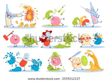Cartoon antibiotic vs bacteria characters. Funny medical tablets. Pharmacy pills fight with microbes and viruses. Evil germs. Vaccine syringe. Battle with pathogens
