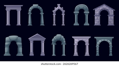 Cartoon antique arches. Roman greek arch, ancient stone pillars and columns. Architecture old style elements, archways, nowaday vector set