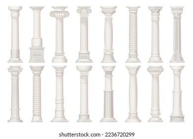 Cartoon antique pillars. Old roman or greek pillar on pedestal, ancient carving stone column ancient temple sculptures or house baroque architecture, ingenious vector illustration of old pillar