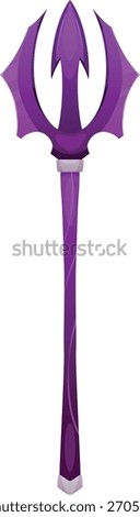 Cartoon antique trident vector icon. Sharp blade saber with long purple handle. Old weapon equipment isolated. Ancient warrior or medieval knight war game asset. Wizard props