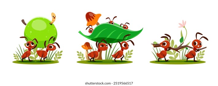 Cartoon ants animal characters carrying apple, stick and leaf. Cute insect family vector personages, brown ants colony carrying food and building materials to anthill, green grass, flowers, mushroom