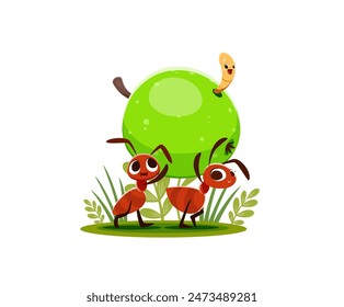 Cartoon ants carry a green apple with a cute smiling worm peeking out. Vector scene with funny insect characters on a grassy patch with small plants, showcasing teamwork and a cheerful nature theme