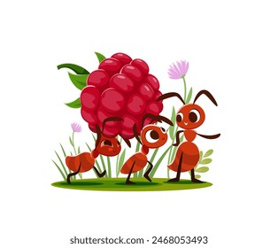 Cartoon ants carry a raspberry. Vector pest characters stock up food. Funny insect colony personages with ripe berry on summer lawn. Termites or bugs working together on in natural summer environment