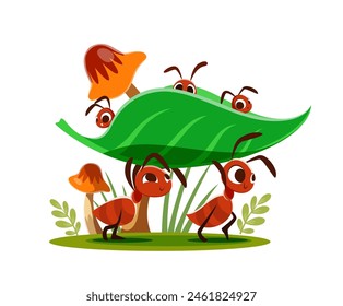 Cartoon ants carry their kids. Cute vector insects transporting larvas sitting on green leaf. Funny fairy tale characters or book personages, ants colony or family work together, care their offspring