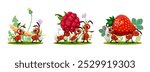 Cartoon ants carrying food to anthill through green grass field and flowers. Funny brown ants insect vector characters with happy smiling faces carrying wheat ear, strawberry and raspberry fruits