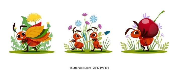 Cartoon ants characters carrying food, construction tools and materials to anthill. Cute insects vector personages of little brown ants with shovel, pickaxe, cherry fruit and fallen leaves