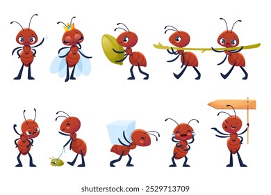 Caricaturas de hormigas. Pequeños insectos lindos realizan diferentes acciones y emociones, divertidas mascotas infantiles trabajan y se relajan, criaturas de la selva de la vida silvestre, adorable escarabajo Vector plano aislado conjunto