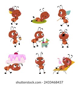 Cartoon ants characters. Isolated ant working, relaxation and eating. Cute children mascot with different emotions. Insect activity nowaday vector clipart