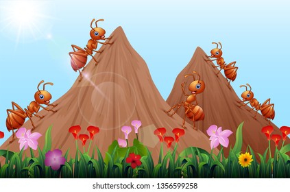Cartoon ants colony with ant hill