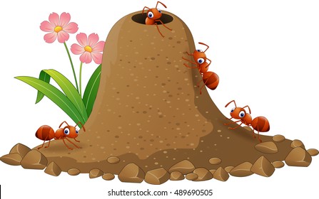 Cartoon ants colony and ant hill 