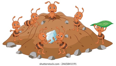 Cartoon Ants Colony Working Together. Animal Nature Icon Concept Isolated Premium Vector. Vector Illustration