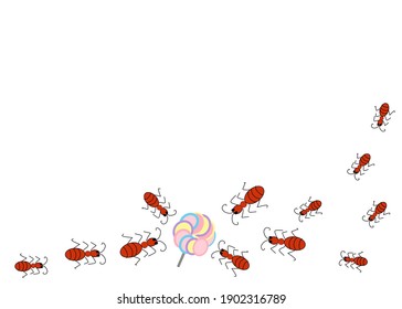 The cartoon ants eating deliciously candy. Isolate on white background.Space for your text. Concept Merry Christmas.