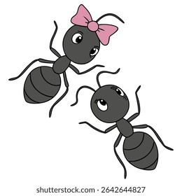 Cartoon ants exhibiting appealing faces, one adorned with a pink bow, displayed over a transparent background to easily add to your project, making integration seamless and versatile.