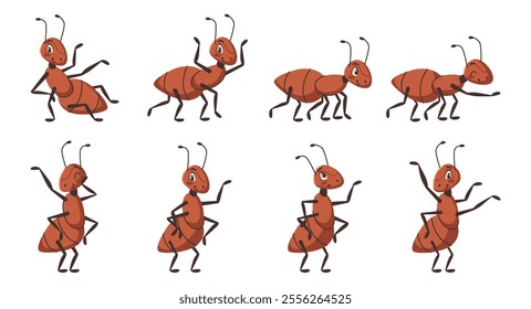 Cartoon ants, isolated insects with smiling expressions. Vector mascot bugs running and standing. Formicidae social creatures in action poses. Fauna and environment. Ecosystem and zoology