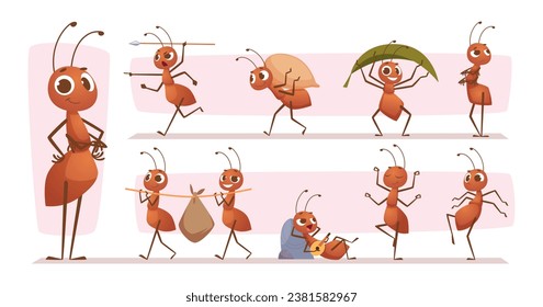 Hormigas de caricatura. Los bichos de mascota que corren saltando sobre hormigas vectoriales exactas de pie en posiciones de acción
