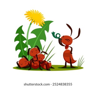 Cartoon ants sleeping on lawn, funny termite waking up for work, vector wild insects life. Ant worker wakes up lazy sleeping ants blowing in horn on meadow with flowers for kids story illustration