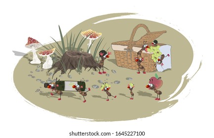 Cartoon Ants Take Away Food From A Picnic Basket. Vector Illustration.