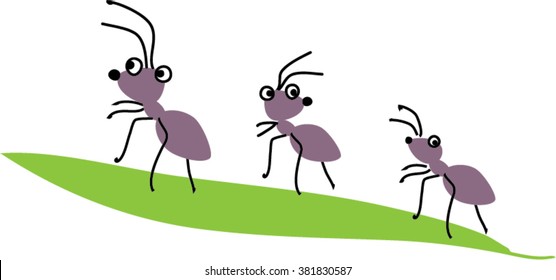 Cartoon ants walking along leaf. vector illustration. 
