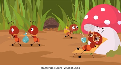 Cartoon ants working. Forest ant activity, moving and working or relaxing. Wildlife childish book or banner illustration with funny nowaday vector insects