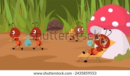 Cartoon ants working. Forest ant activity, moving and working or relaxing. Wildlife childish book or banner illustration with funny nowaday vector insects