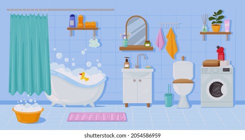 Cartoon apartment bathroom interior, bathtub and sink. Toilet, washing machine, mirror, bathroom interior elements vector illustration. Modern house washroom. Interior bathtub or bathroom