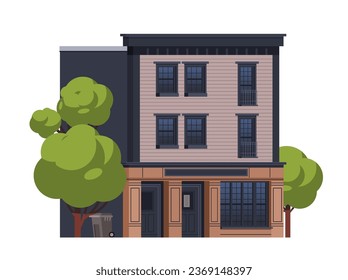 Cartoon apartment building with a store on the ground floor on isolated background. Vector flat illustration