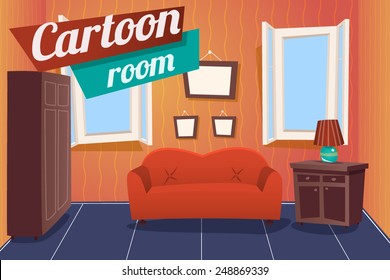 Cartoon Apartment Living Room Interior House Room Retro Vintage Background Vector Illustration