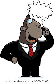 A cartoon ape in a suit talking on a cell phone.