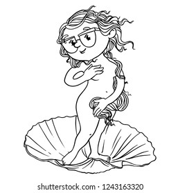 cartoon Aphrodite in a shell. Vector isolated outline coloring book page. 