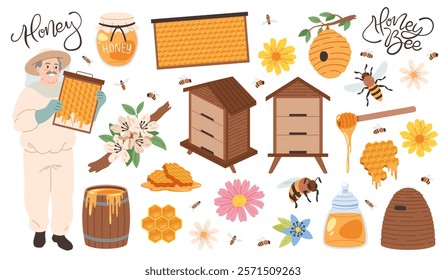 Cartoon apiary elements. Funny beekeeper with honeycombs, bees, beehives, and flowers, flying insects, healthy sweet syrup collecting, man producing organic sweet product, tidy vector set