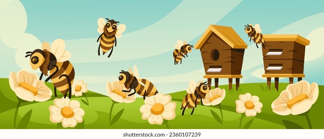 Caricatura cada día. Las abejas vuelan alrededor de las colmenas y flores florecientes en la ilustración vectorial del prado de flores. Jardín con plantas florecientes, insectos sobre el campo, paisaje natural silvestre