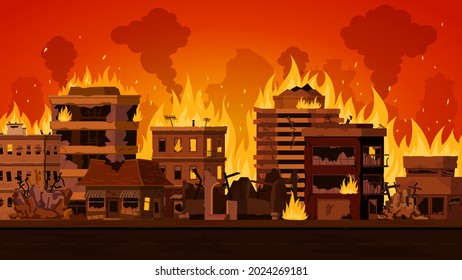 Cartoon apocalyptic city landscape with destroyed building on fire. Cityscape with burn street houses and smoke. Fire in town vector. Illustration of wildfire district, city damage and destroyed fire