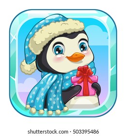 Cartoon app icon with cute penguin. Application store item template. Vector asset for game or web design.